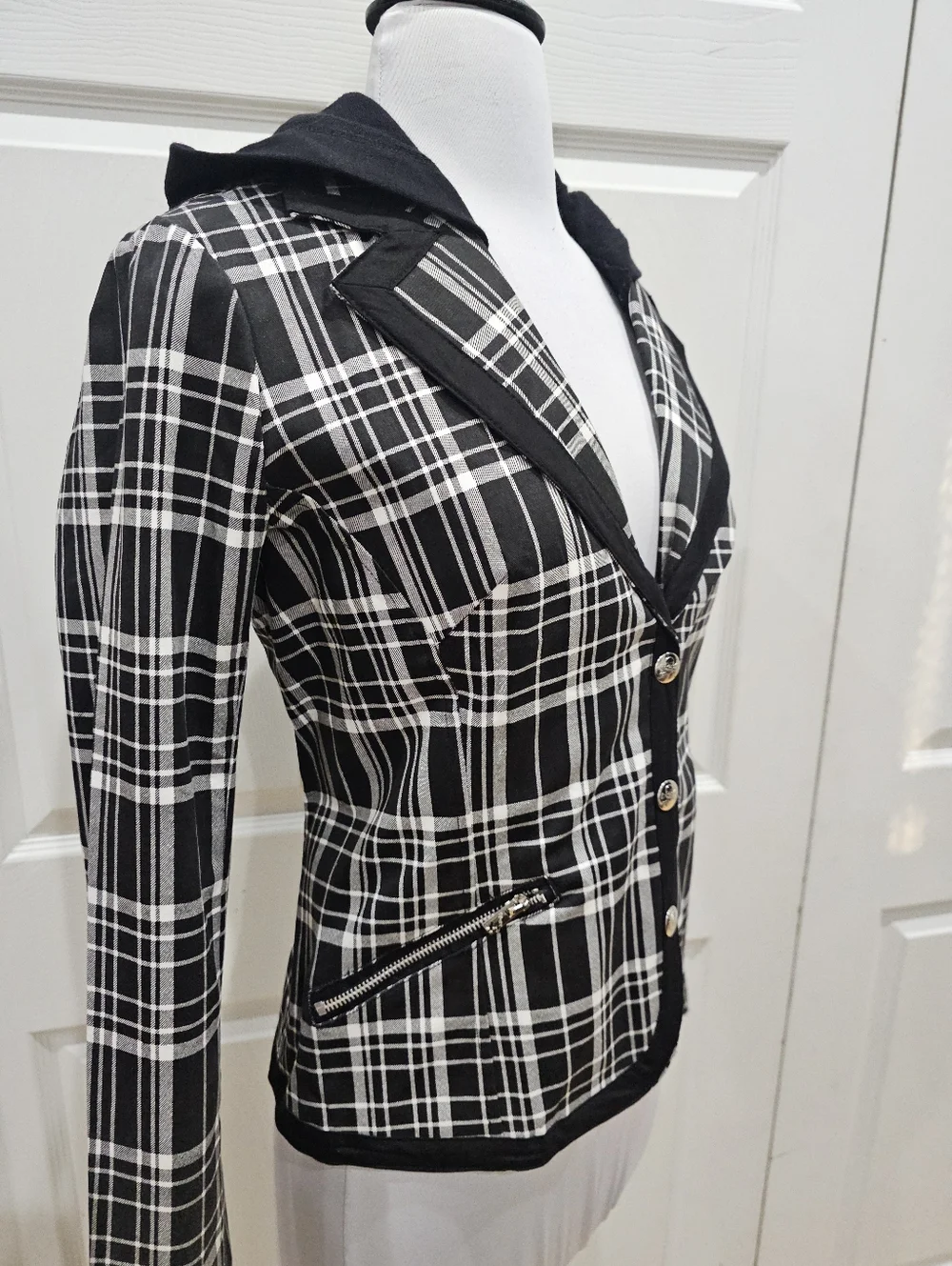 Rare Vintage Punk Goth Tripp NYC Black & White Plaid Snap Blazer Jacket Coat S - Picture 4 of 12